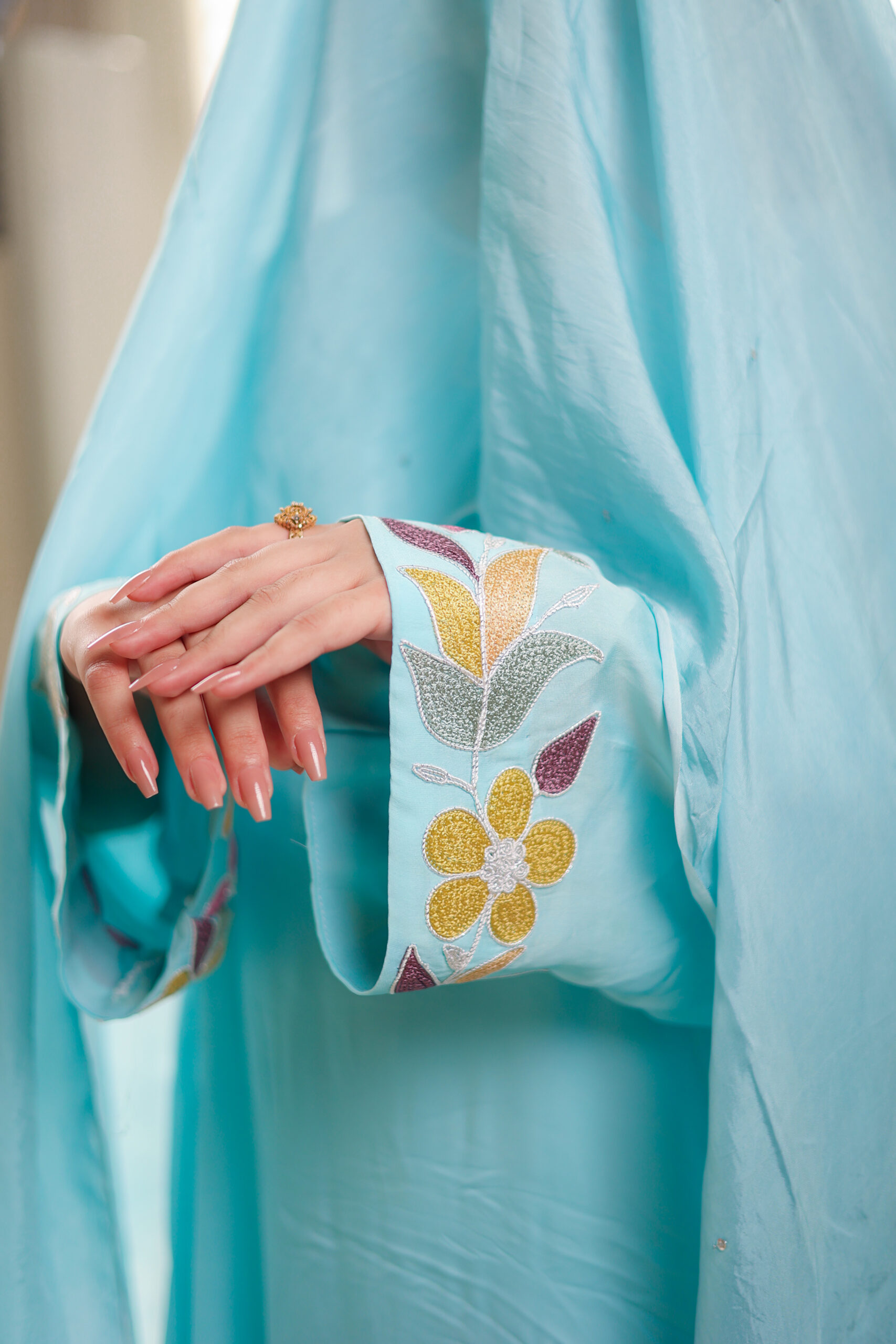 azure flora – sky blue embroidered silk long dress azure flora – sky blue embroidered silk long dress