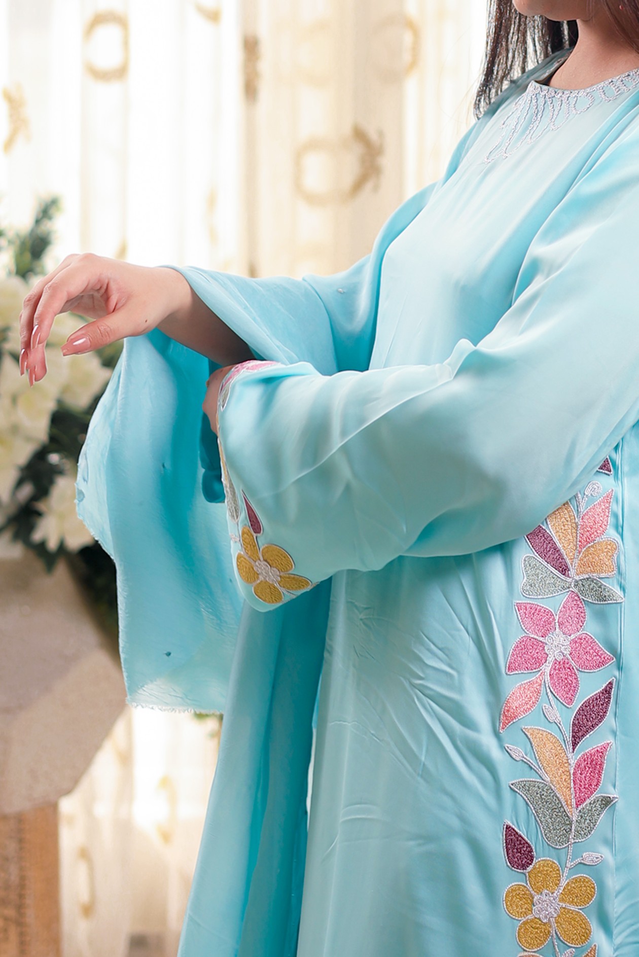 azure flora – sky blue embroidered silk long dress azure flora – sky blue embroidered silk long dress