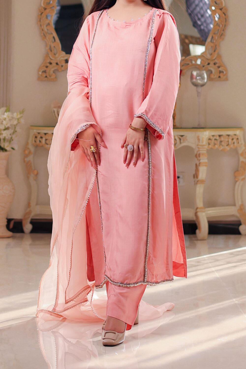 blush elegance – peach pink festive silk 3 piece suit