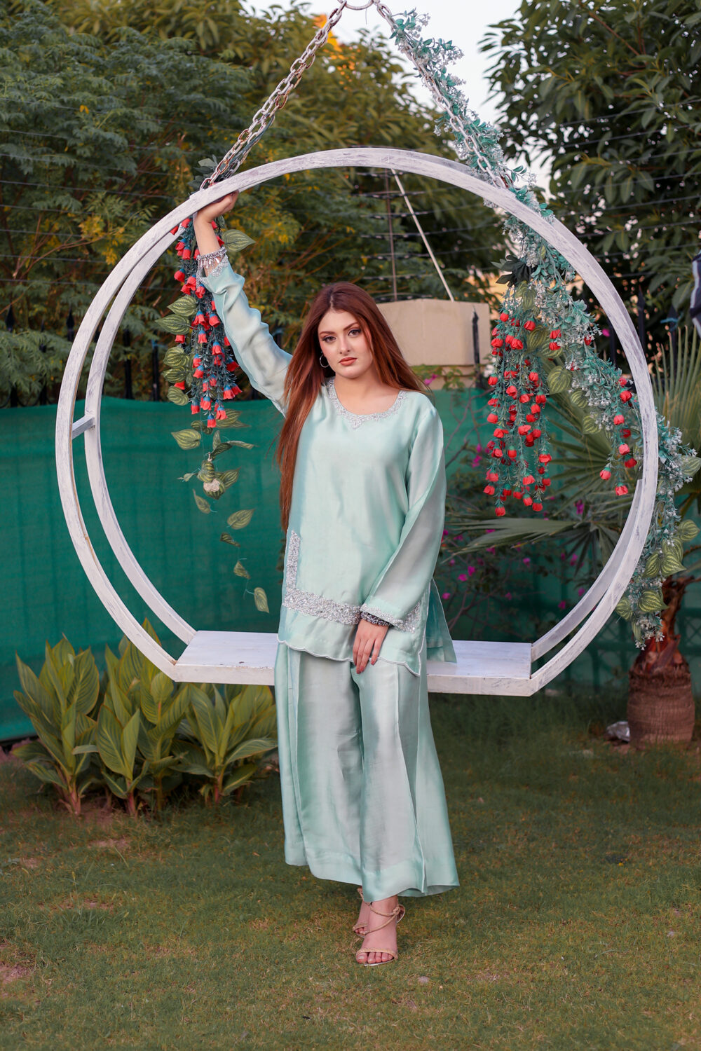 mint mystique – sage green silk suit with silver pearl detailing