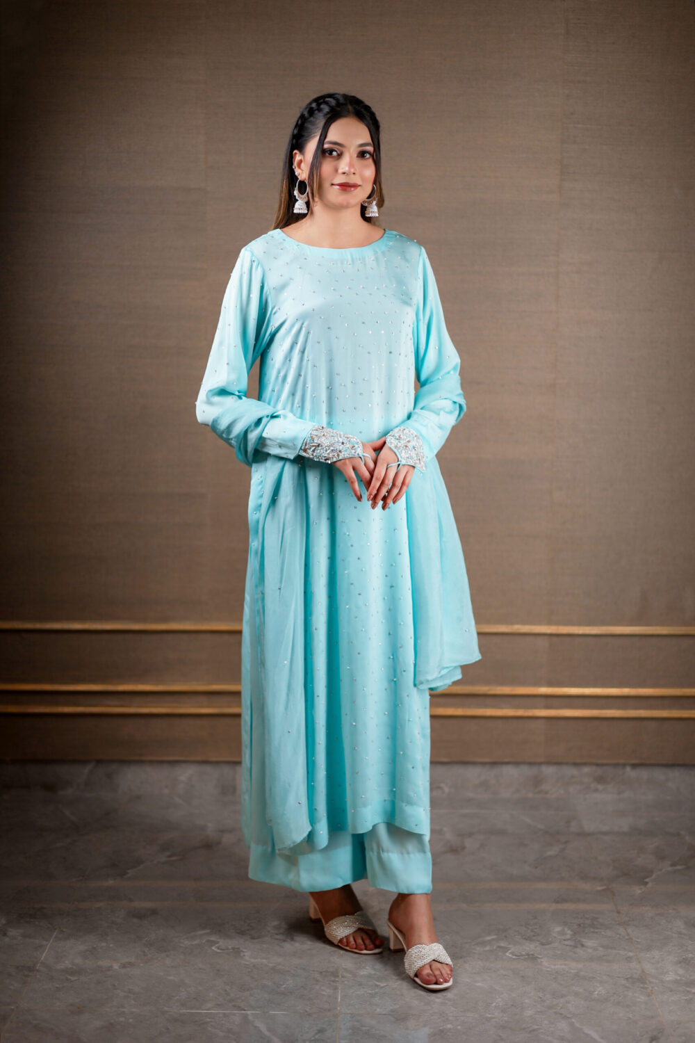 aqua shimmer – ice blue sequined silk 3 piece suit