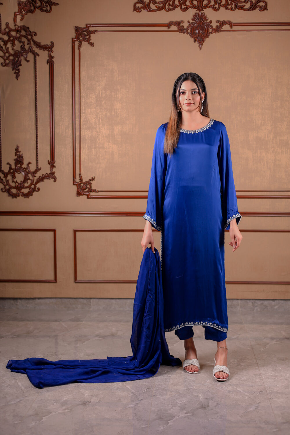 Home sage serenade – mint green silk suit with pearl detailing
