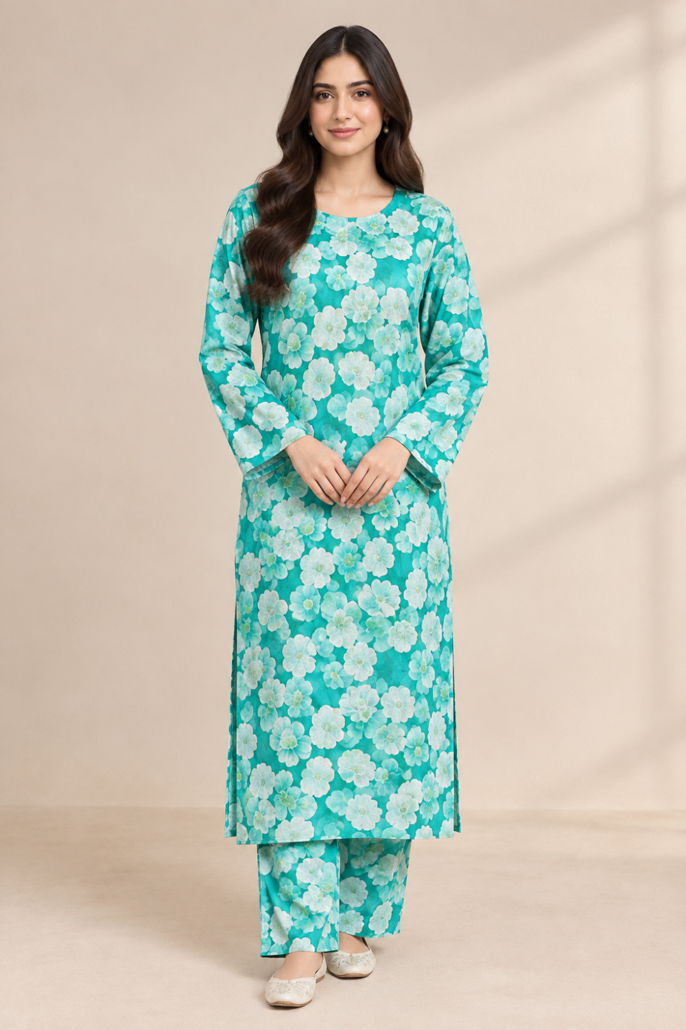 Turquoise Floral Printed Kurta Shalwar