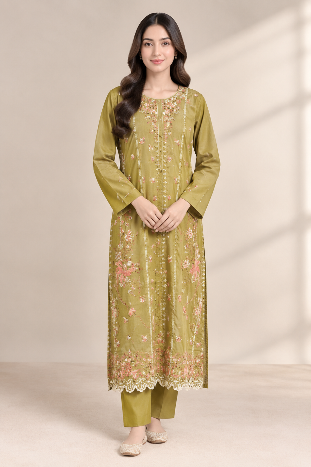 Olive Blossom Embroidered Kurta Set