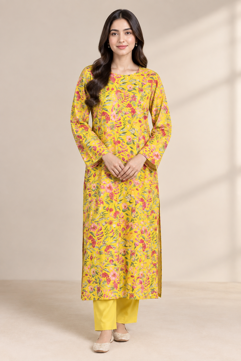 Mustard Yellow Floral Printed Kurta Shalwar