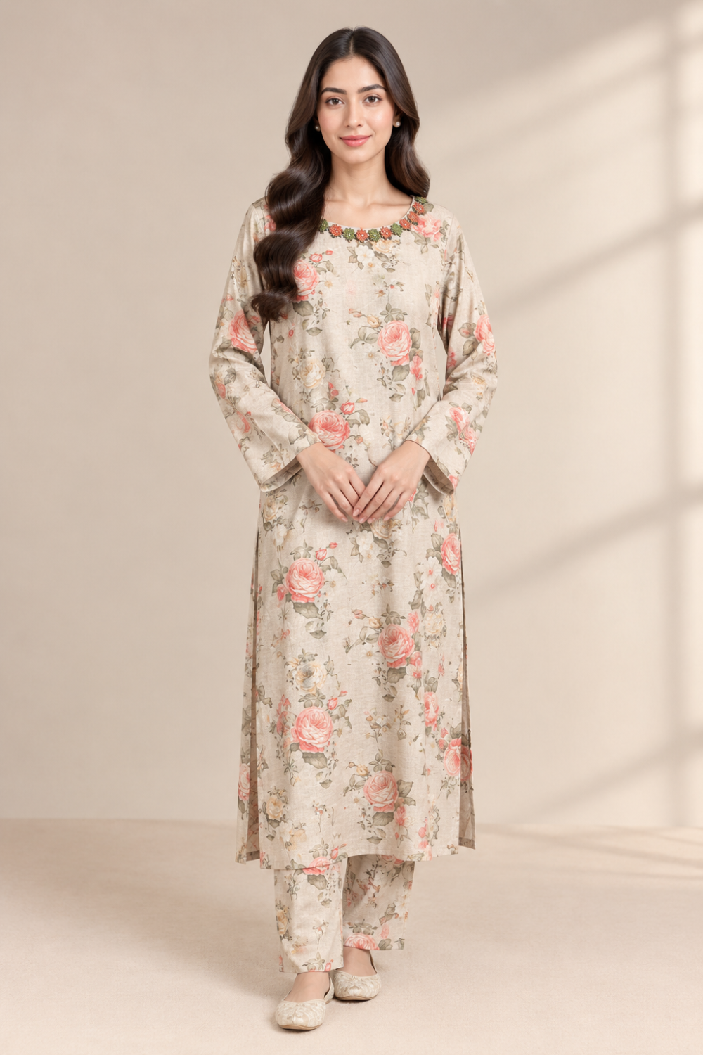 Cream Floral Printed Kurta Shalwar