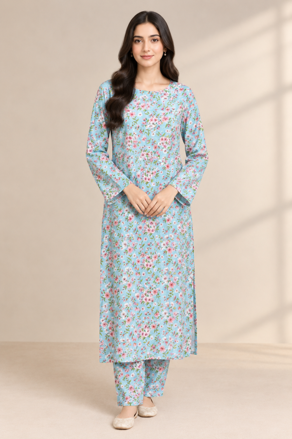 Sky Blue Floral Printed Kurta Shalwar