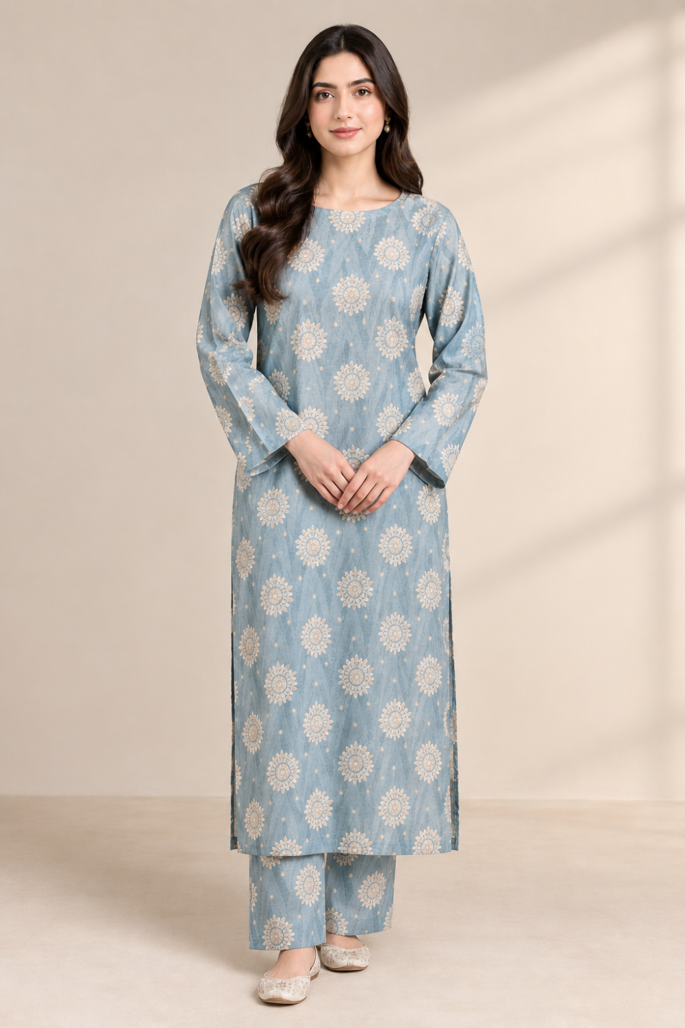 Sky Blue Floral Printed Kurta Shalwar