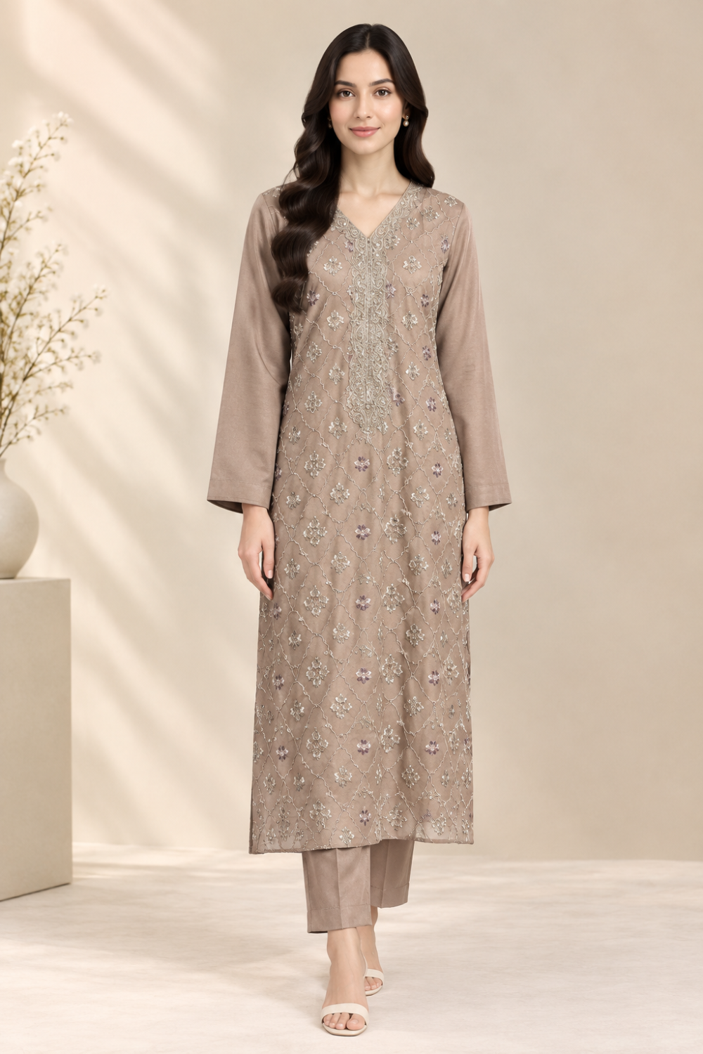 Taupe Elegance Embroidered Suit